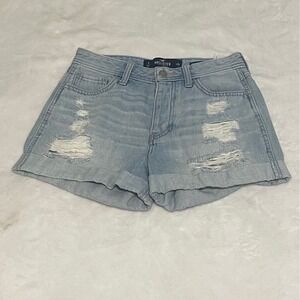 Hollister Womens Denim Jean Shorts High Rise Boyfriend Distressed‎ Blue
